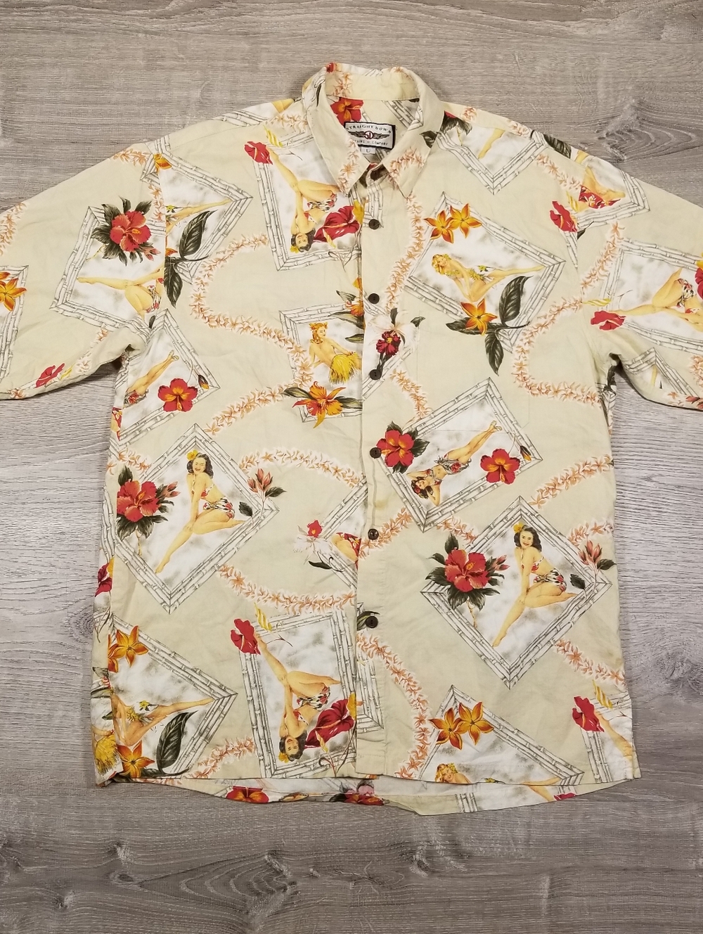 Vintage Straight Down Hawaiian Hula Pin Up Girls Button Up Shirt Mens Large AOP